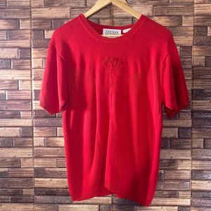 Vintage Womens Jantzen Large Red Knit Sweater W/ Hand Embroidery Flower
